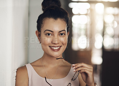 Buy stock photo Happy, pride and portrait of woman in new home for real estate ownership with confidence. Satisfaction, smile and young female person from Thailand with positive attitude in apartment rental.