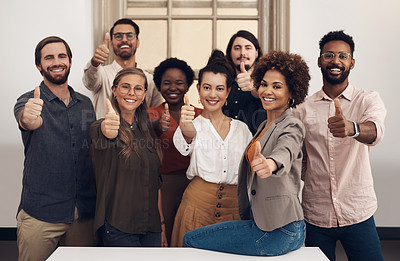 Buy stock photo Professional, group and portrait with thumbs up with happiness in the office. Business, people and diversity with thumb like for teamwork with joy at a company for recommending good service.