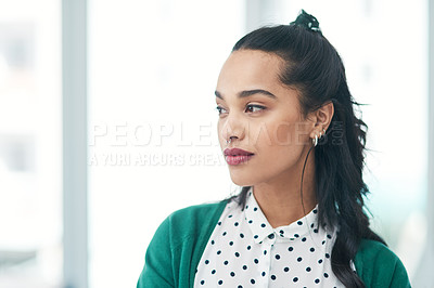 Buy stock photo Business woman, thinking and office window for reflection, planning and ponder future opportunity. Female person, professional insight and contemplating development or ideas, dream and perspective