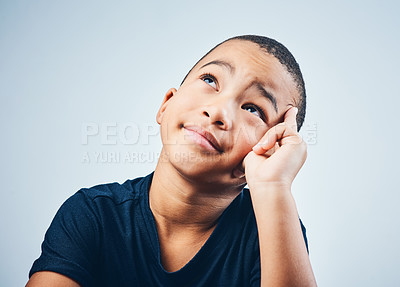 Buy stock photo African child, idea and boy thinking in studio for creative solution, problem solving or remember memory. Kid, dream or planning future, vision or learning mindset for development on white background