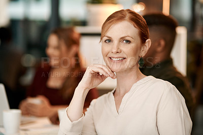 Buy stock photo Portrait of a confident businesswoman having a team meeting in a modern office