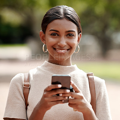 Buy stock photo Businesswoman, portrait and phone in park for typing message, communication and feedback chat. SEO manager, smile and mobile in city for writing email, networking and research for website performance