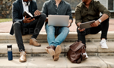 Buy stock photo Casual guys, young men or students, outdoors on business, education or college campus talking and discussing ideas during break. Creative team has an informal meeting for inspiration and innovation
