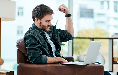 Buy stock photo Man, home office and winner celebration on laptop, fist pump and competition prize or success. Male person, company growth and proud of lottery victory or reward, online achievement and triumph