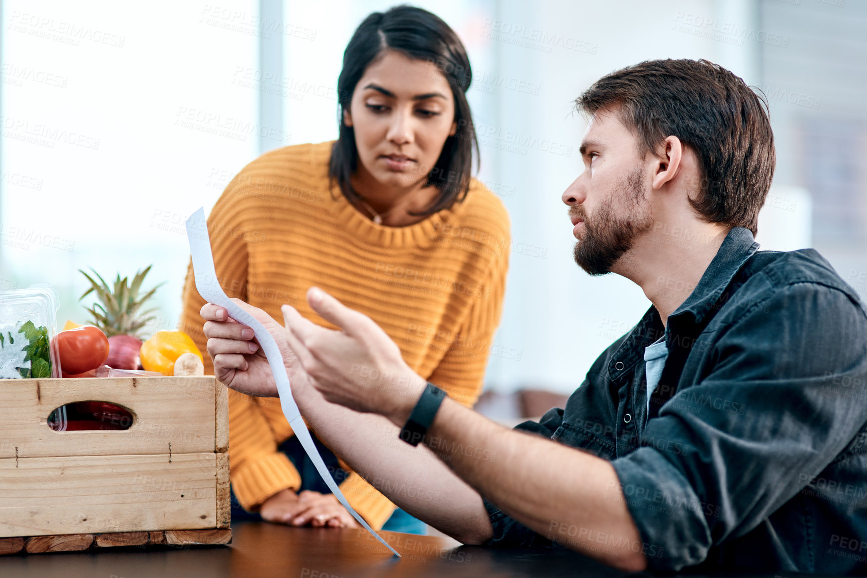 Buy stock photo Grocery, vegetables and receipt with couple in house for inflation, shopping list and supermarket deal. Nutrition, food and wellness with man and woman at home for consumer, price check and savings