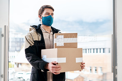 Buy stock photo Delivery man, boxes and worker with order, online shopping and courier service with container. Front door, professional and export for distribution of goods, purchase and commercial sale in pandemic 