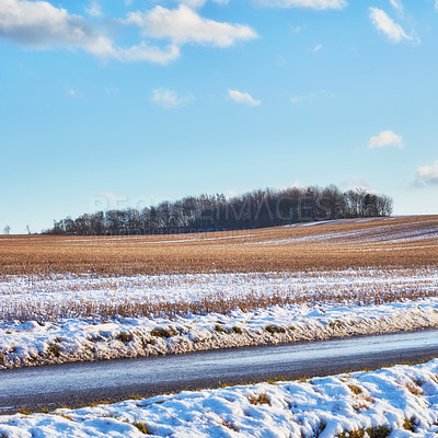 Buy stock photo Winter landscape on a sunny day with blue sky