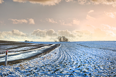 Buy stock photo Winter landscape on a sunny day with blue sky