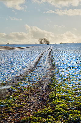 Buy stock photo Winter landscape on a sunny day with blue sky