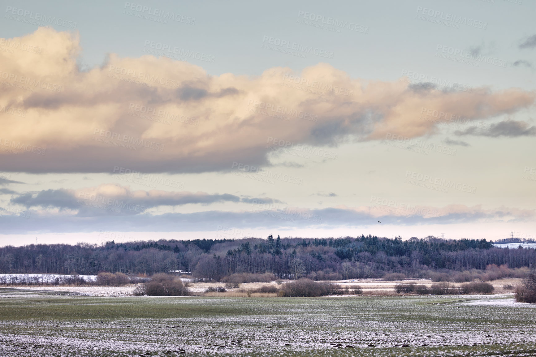 Buy stock photo Winter landscape on a sunny day with blue sky