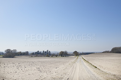 Buy stock photo A sandy countryside road with blue sky copy space. Nature landscape of a dry farm land with an open dirt road and trees growing in a sustainable eco environment on a sunny day