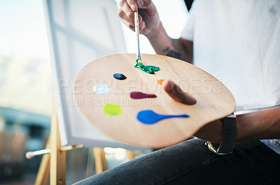 Buy stock photo Art, hands and painting with person on balcony of home for creativity, expression or inspiration outdoor. Paintbrush, palette and relax with painter at apartment for hobby or wellness on easel