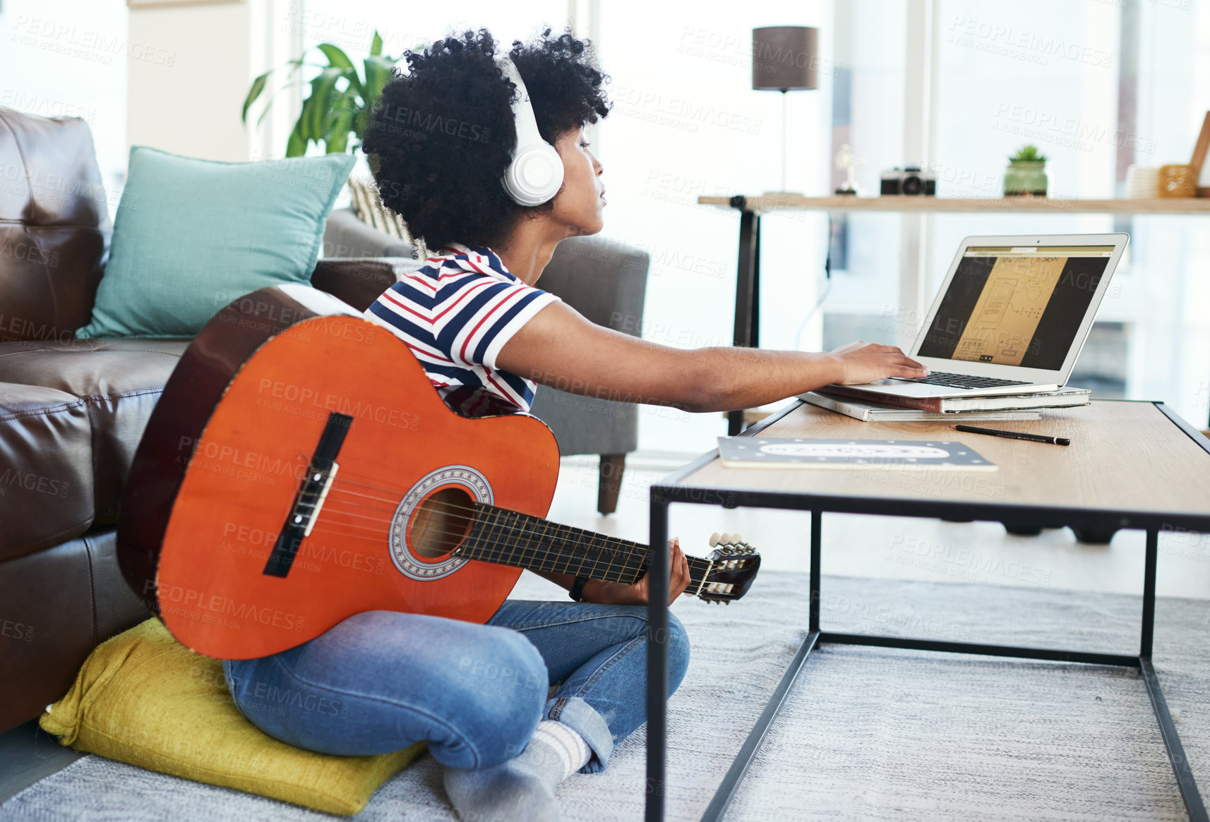 Buy stock photo Woman, song and laptop with guitar at home for music, production or hobby performance. Girl, talented artist or acoustic guitarist with musical instrument for sound, audio and digital rhythm notes