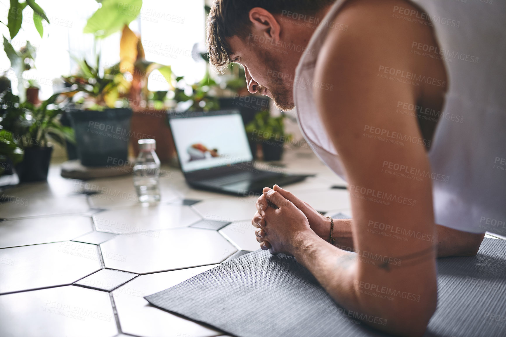 Buy stock photo Man, fitness and plank with laptop screen for tutorial, online class or lesson on floor or yoga mat at home. Active, male person or yogi with computer, core strength or breathing for workout exercise