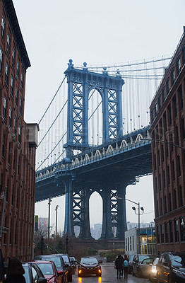 Buy stock photo Shot of a bridge in an urban business district