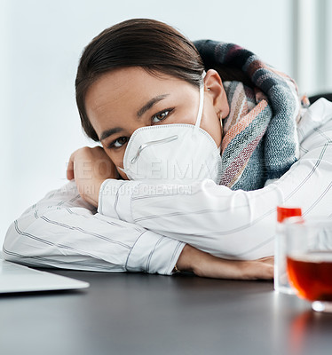 Buy stock photo Woman, mask and tired in office for portrait, Covid 19 anxiety and herbal tea remedy. Sick, business person and fatigue in workplace with PPE, safety compliance and social distance for protection