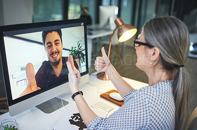 Buy stock photo Online meeting, thumbs up and business team in agreement on video call or webinar of a startup company. Yes, thank you and colleagues or woman talking to employee on internet conference or interview