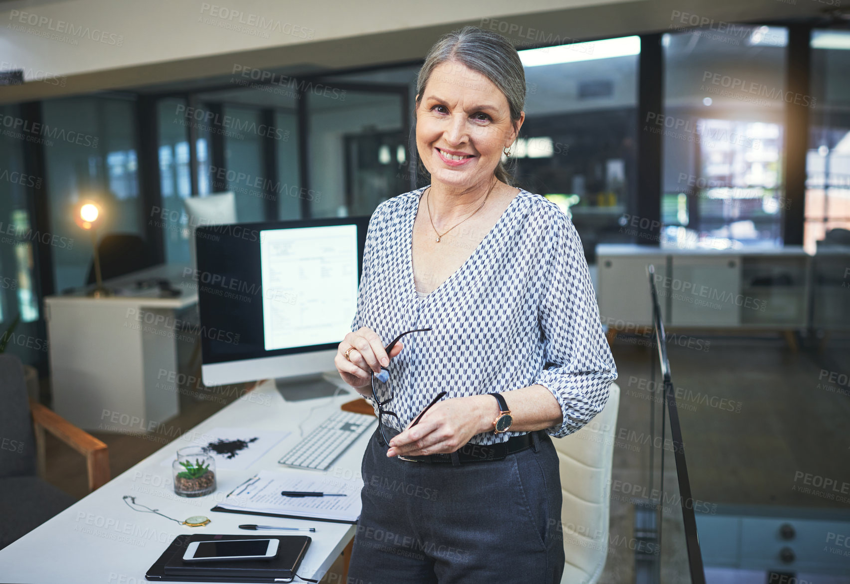 Buy stock photo Business, mature woman and happy at office on portrait as ceo with pride, confidence and joy in Germany. Female Persian, employee and smile for company growth as copywriter, manager and boss