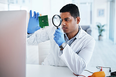 Buy stock photo Computer, motherboard and man in lab with magnifying glass in hardware maintenance, repair or engineering. IT, research and electronic technician with circuit board, tools and assessment at desk.