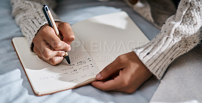 Buy stock photo Notebook, bedroom and man hands planning, brainstorming and work from home notes, freelance and reminder. Journal, priority and person in bed for list, planner and schedule or time management goals