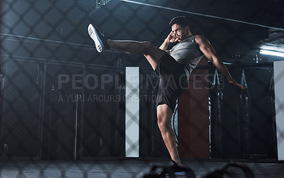 Buy stock photo Training, kickboxing and fitness with man in gym for martial arts competition, challenge and sports center. Exercise workout and mma event with person in ring for muay thai, fighter and self defense