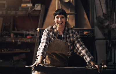 Buy stock photo Foundry, warehouse and portrait of woman with tools for industry, manufacturing and manual labor. Industrial factory, welding and female person for steel, iron and metal production for craftsmanship