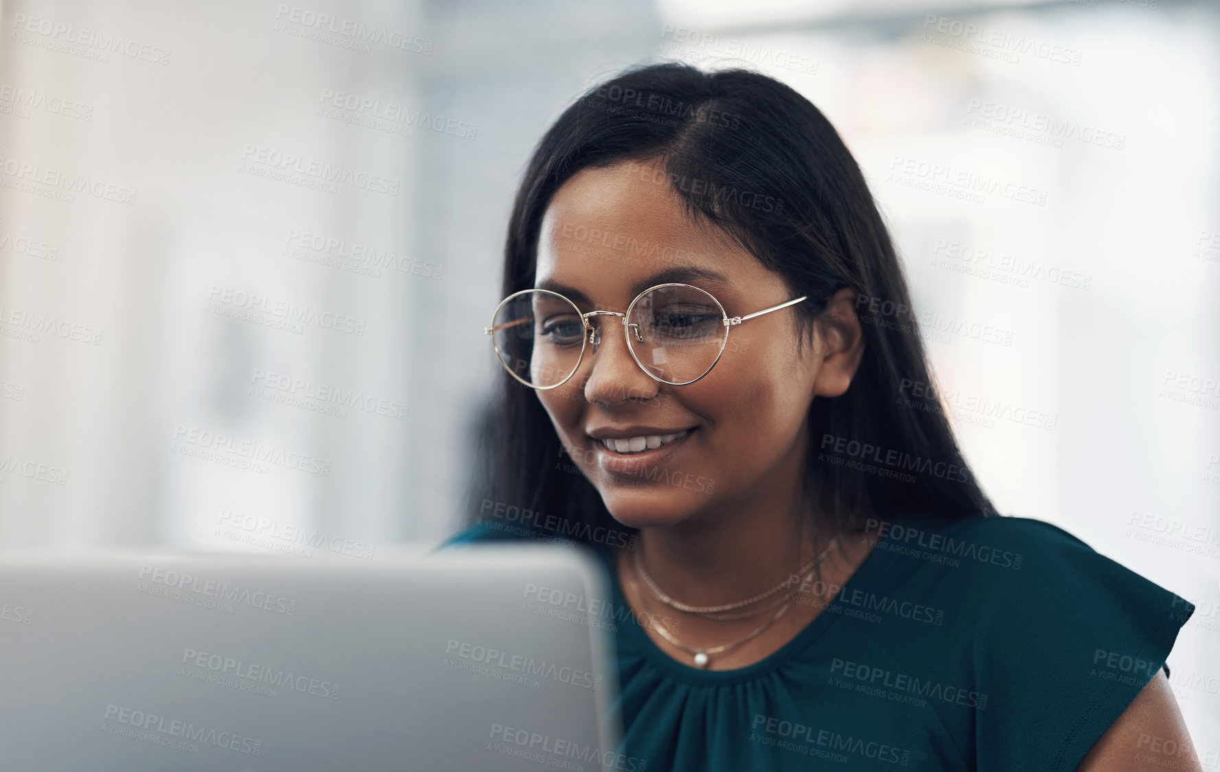 Buy stock photo Office, happy woman and glasses with laptop for reading article, online trending topic and satisfaction. Publication, female person and journalist with smile for business blog, news story and editing