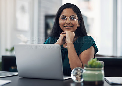 Buy stock photo Office, woman and portrait with laptop for thinking, online trending topic and planning for article. Publication, female person and journalist with smile for business blog, news story and copywriting