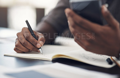 Buy stock photo Closeup shot of an unrecognisable designer using a cellphone while sketching in a notebook in an office