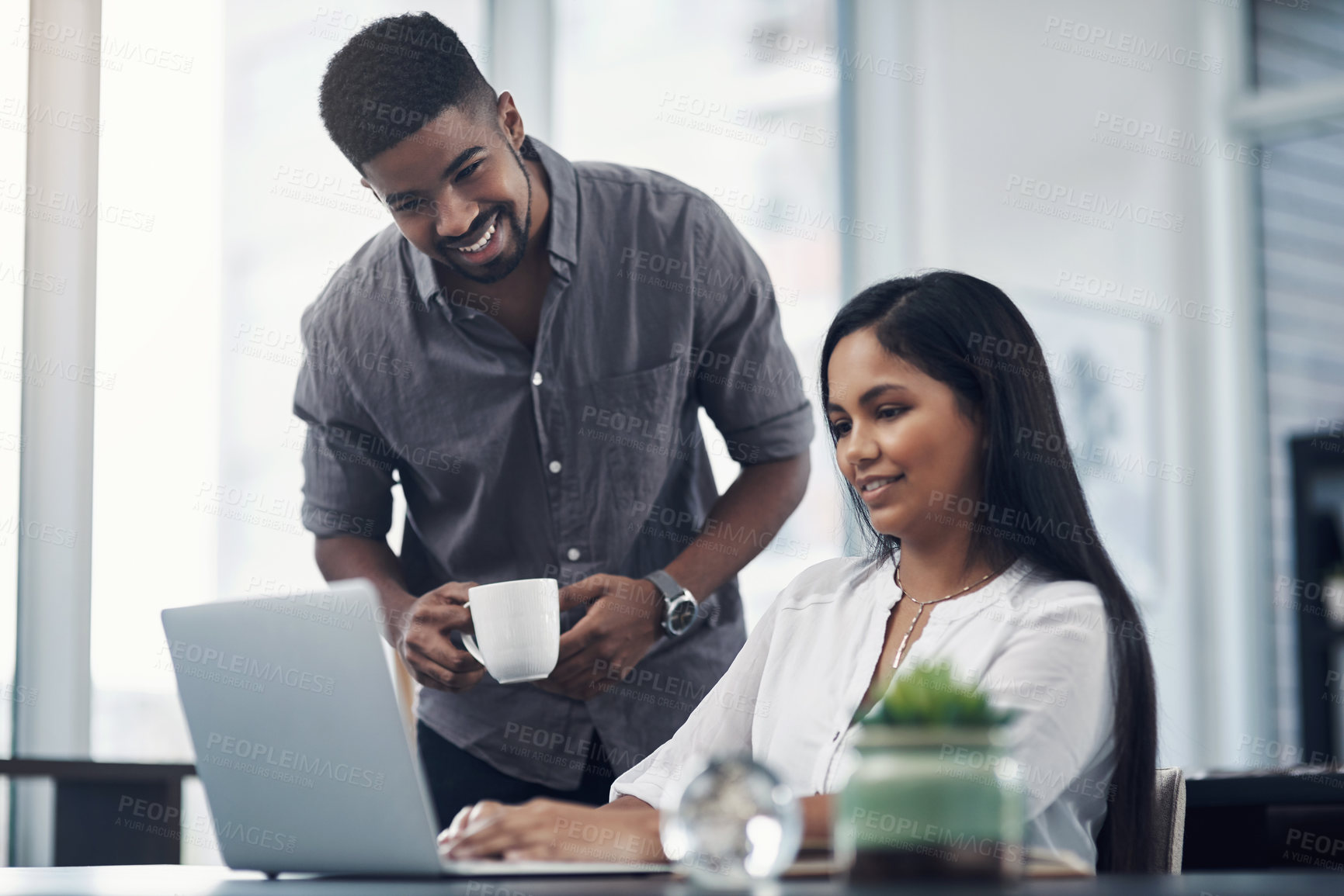 Buy stock photo Business people, laptop and mentor for discussion in office, online research and support with journalism. Employees, collaboration and manager training or feedback on article and talking in workplace