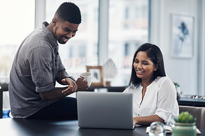 Buy stock photo People, smile and laptop in office for business, coffee break and planning startup growth. Happy man, woman and computer in coworking space for email feedback, connectivity and problem solving advice