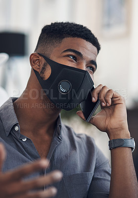 Buy stock photo Man, face mask and phone call for networking in office, speaking and chat to client in pandemic. Male person, covid and professional on app for communication, disease prevention and talk to contact