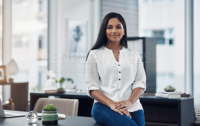 Buy stock photo Portrait, business and creative woman in office for career, job opportunity and working at startup. Female person, confidence and professional, entrepreneur and copywriter in enterprise in India