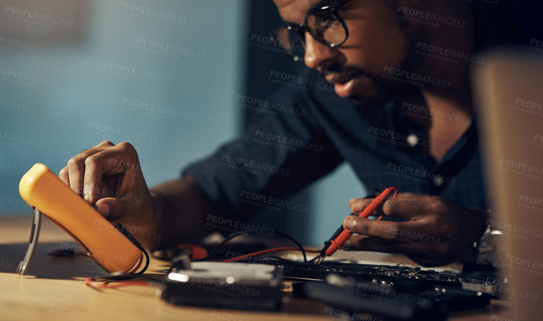 Buy stock photo Upgrade, technician and man with hardware, fixing and working late in office, service and specialist. Night, electrical engineer and maintenance for computer, digital and update of system and project