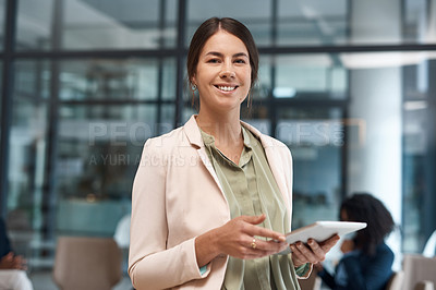 Buy stock photo Tablet, happy and portrait of businesswoman in office with confidence for career development. Smile, pride and female attorney from Canada with digital technology for legal case report in workplace.