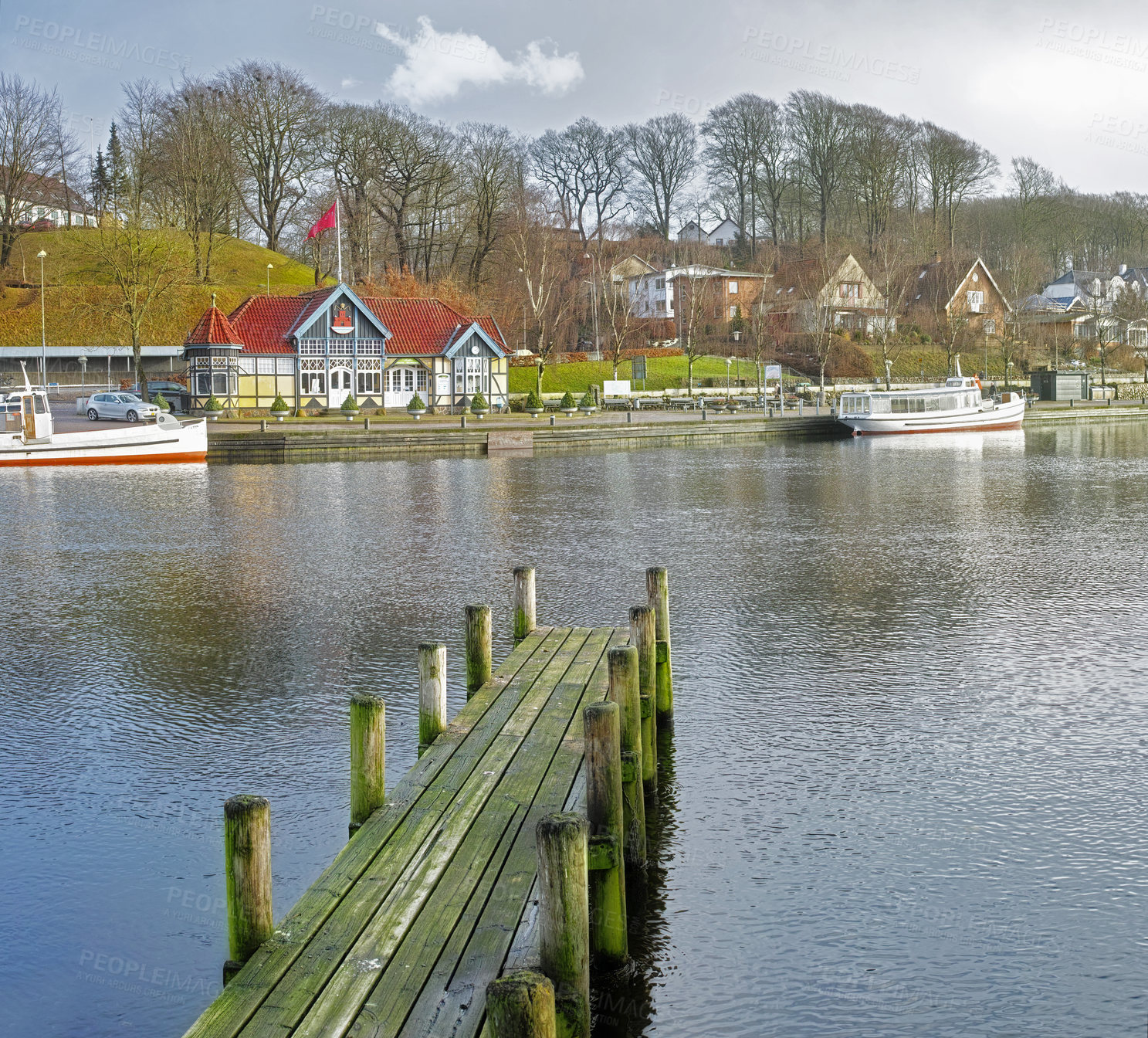Buy stock photo A photo of a Wooden pier and very old ferry station in the city of Silkeborg, Denmark