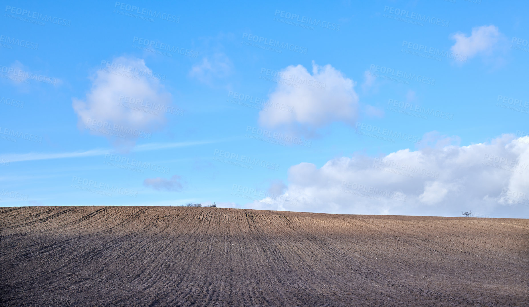 Buy stock photo Green fields and blue sky in spring and early summer