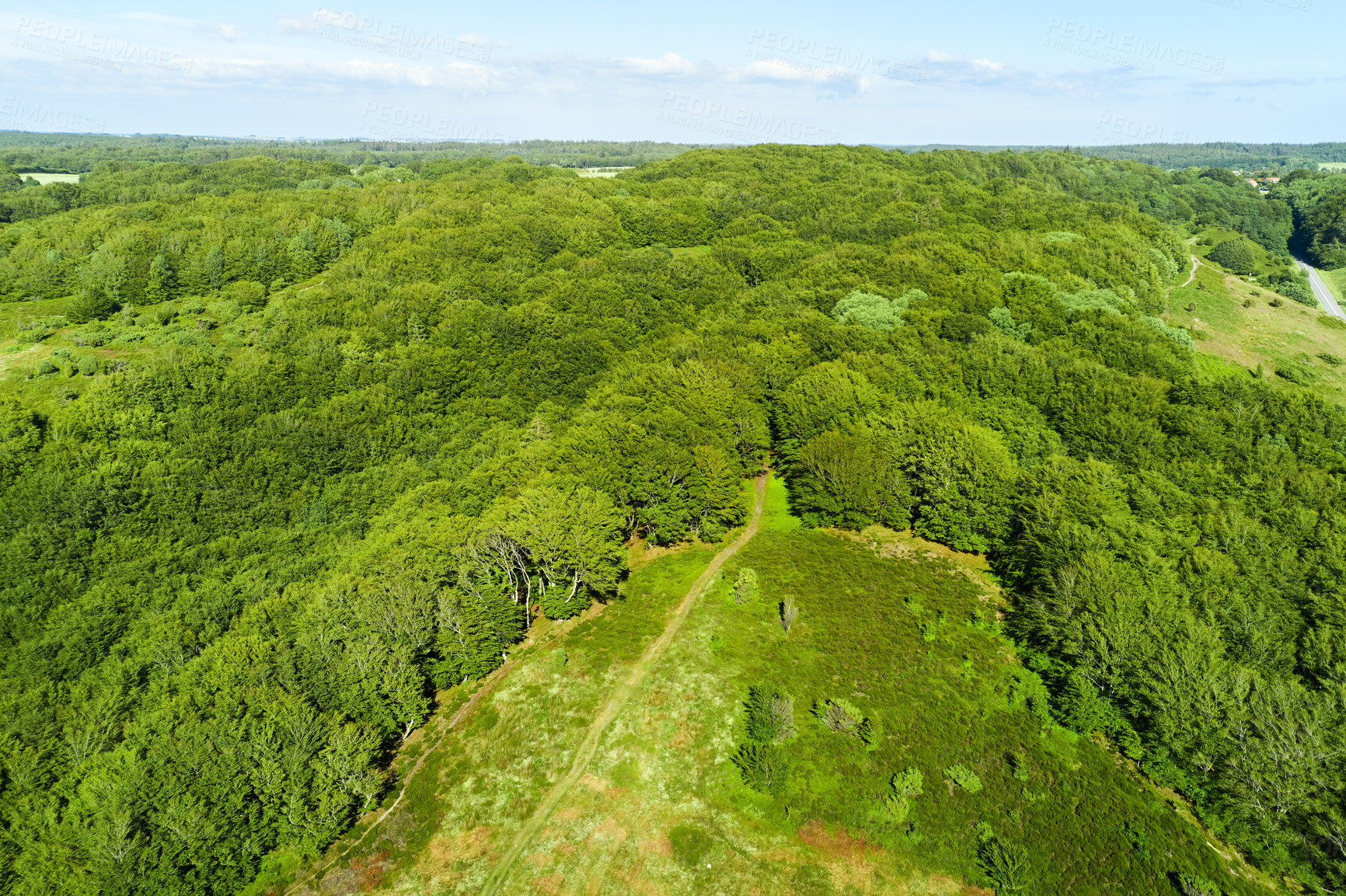 Buy stock photo Green fields and blue sky in spring and early summer