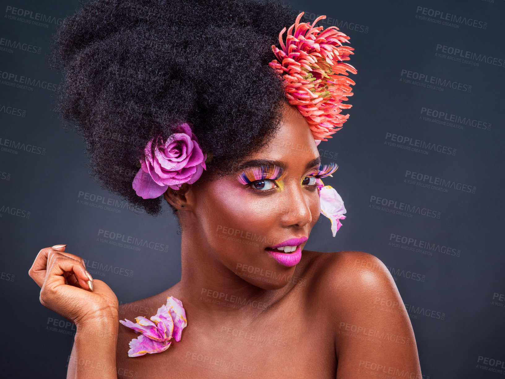 Buy stock photo Makeup, flowers and black woman portrait in studio for organic beauty on black background. Floral, face and African female model pose with eco friendly, natural and cosmetics with isolated mockup 
