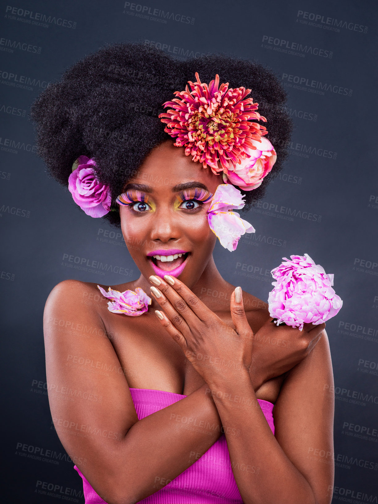 Buy stock photo Flowers, portrait and wow with afro black woman in studio on dark background for natural cosmetics. Beauty, face or makeup surprise and young model with protea in hair for aesthetic wellness at spa