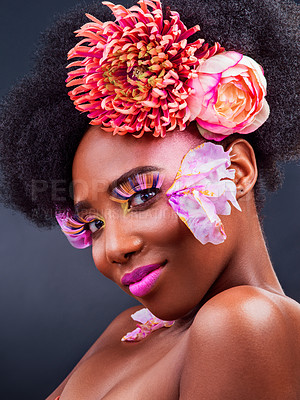 Buy stock photo Beauty, eyelashes and flowers with portrait of black woman in studio on dark background for natural makeup. Afro, cosmetics and face of young model with protea in hair for aesthetic wellness at spa