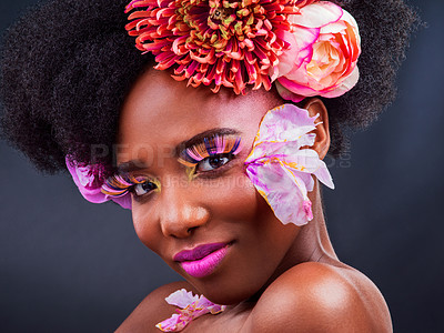 Buy stock photo Makeup, flowers and spring with portrait of black woman for beauty, creative and art. Natural, cosmetics and floral with face of model isolated on studio background for color, self love or confidence