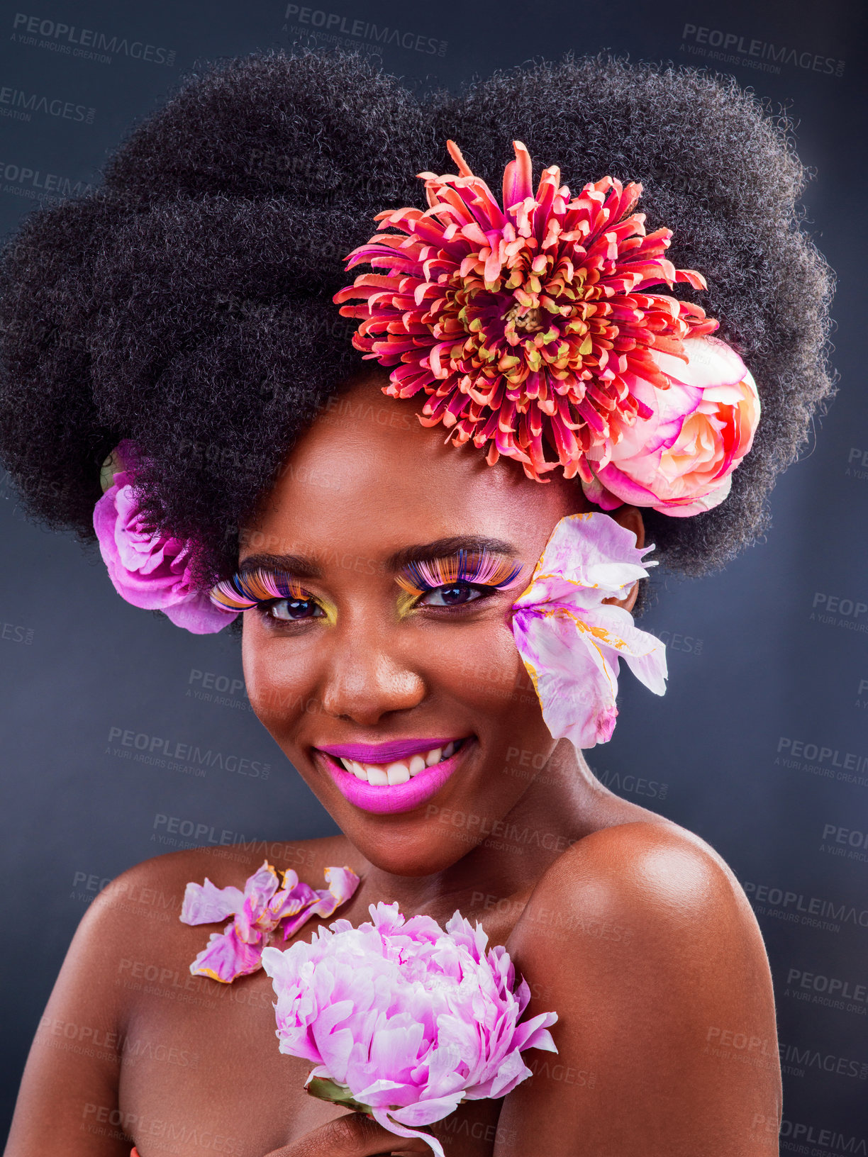 Buy stock photo Makeup, flowers and happy with portrait of black woman for beauty, creative and spring. Natural, cosmetics and floral with face of model isolated on studio background for art, self love or confidence