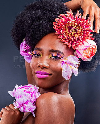 Buy stock photo Beauty, flowers and lipstick with portrait of black woman in studio on dark background for natural cosmetics. Face, eyelashes or makeup and young model with protea in afro hair for wellness at spa