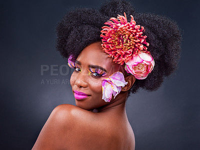 Buy stock photo Beauty, makeup and flowers with portrait of black woman in studio on dark background for natural cosmetics. Afro, face and back of young model with protea in hair for aesthetic wellness at spa