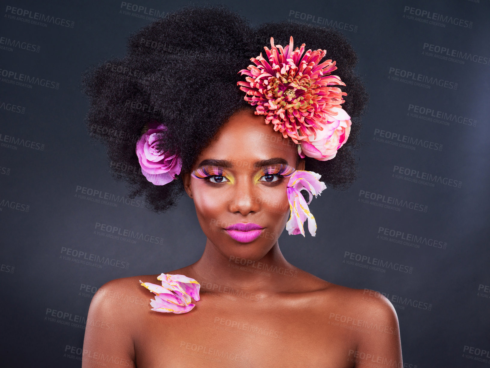Buy stock photo Flowers, makeup and portrait of afro black woman in studio on dark background for natural cosmetics. Beauty, face or skincare and young model with protea in hair for aesthetic wellness at spa