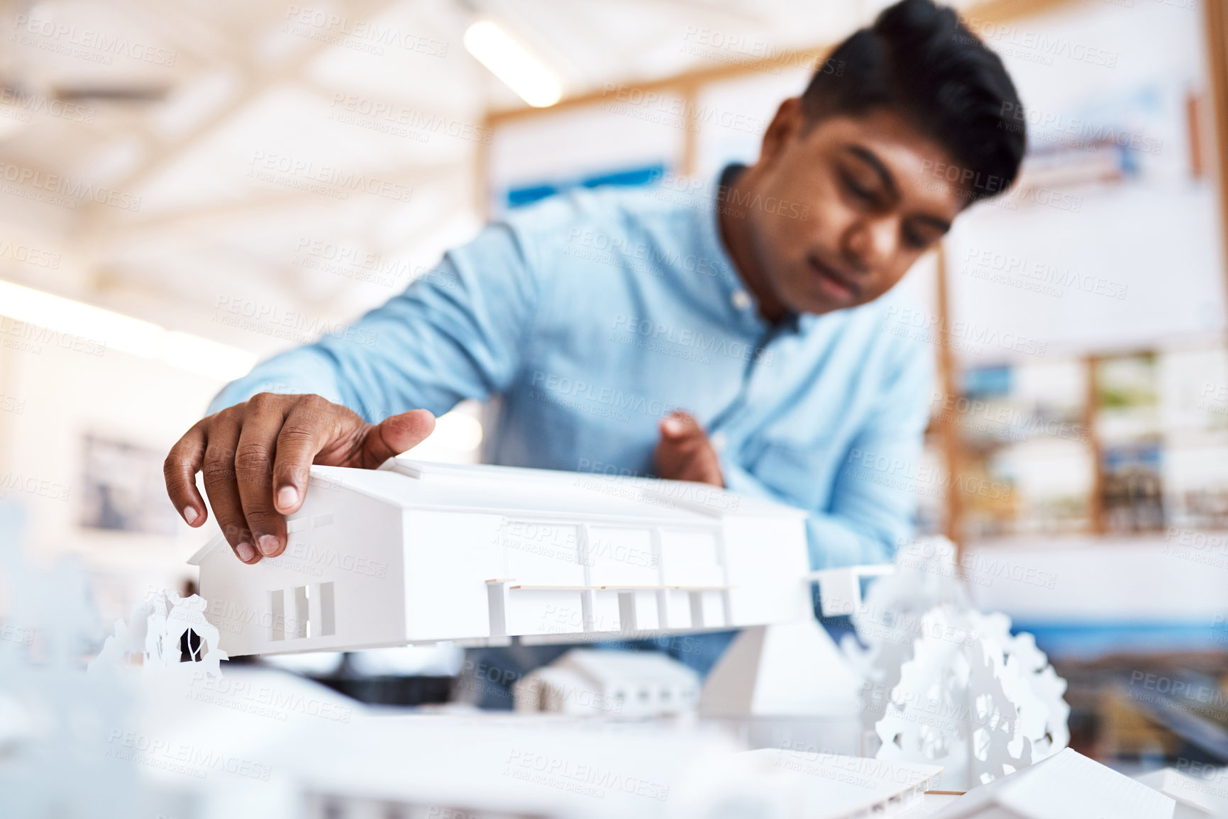 Buy stock photo Planning, architecture and engineer in office with 3d design for building development, maintenance or repair. Industry, creative and male construction worker with prototype for civil project on site.