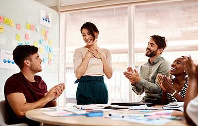 Buy stock photo Meeting, team and applause for business woman, praise and congratulations on promotion in creative startup. Happy group, support and clapping for success, excellence or celebrate good job in workshop