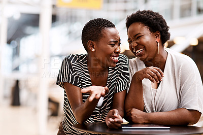 Buy stock photo Women, friends and tablet at startup with laugh for funny meme, memory or share post on application. Black people, partner and happy together for comic video, break or social media at creative agency