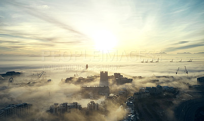 Buy stock photo Shot of mist and clouds along the coast of Cape Town in South Africa